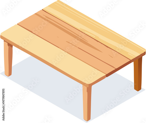 Cute wooden coffee table with light texture and minimal design. Illustrated in isometric angle with clean lines and brown shades. Great for creative assets and product mockups.