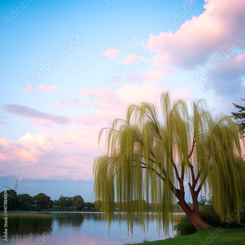 Willow tree during evening by the lake, pink clouds on the sky. End of summer season.