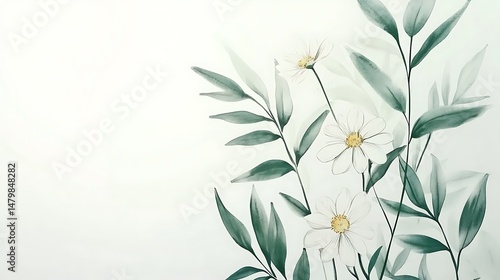 Watercolor illustration of delicate white flowers and green leaves against a pale background.