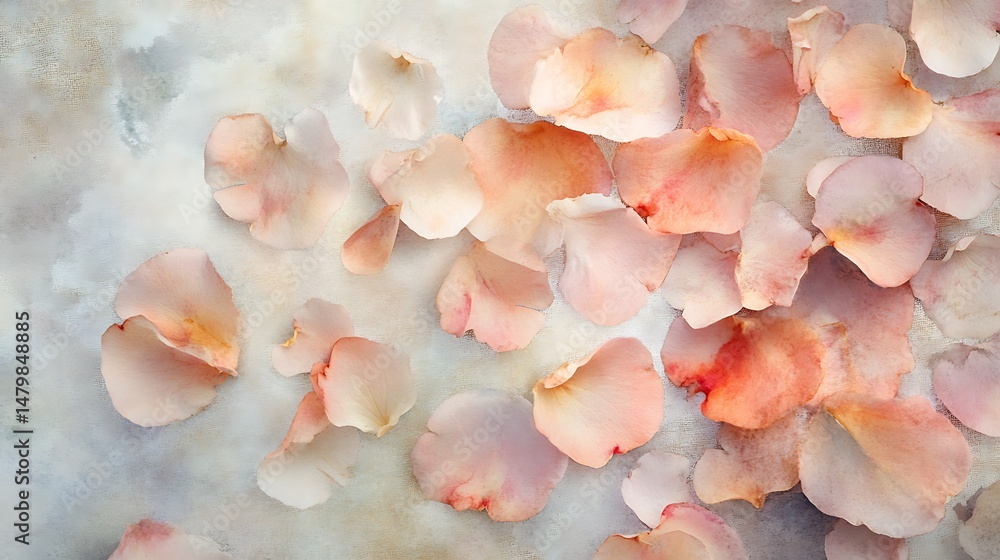 Photograph of rose petals scattered on a textured, gray background. Photograph of rose petals scattered on a textured, gray background.