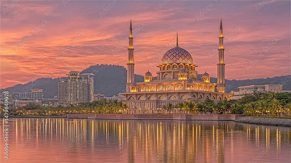 Naklejka premium Majestic Sunset at Kota Kinabalu City Mosque with Malaysia.