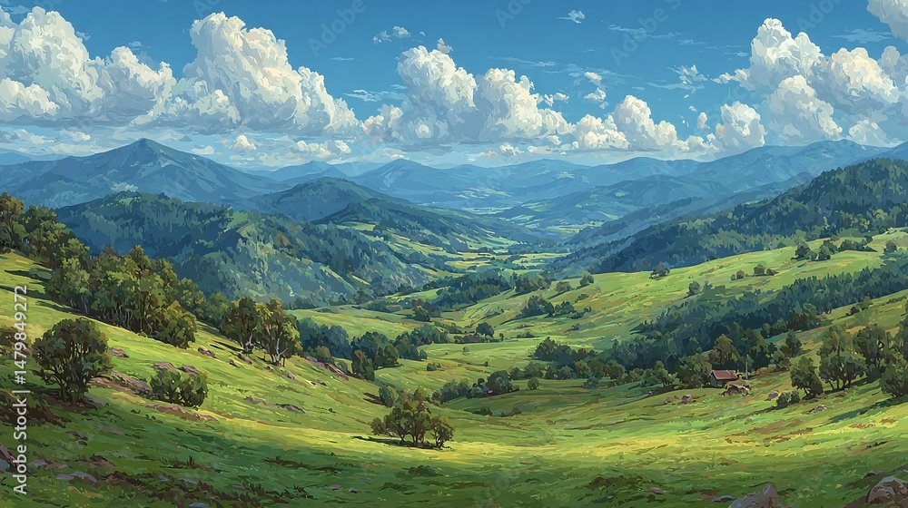 Obraz premium Scenic illustration picturesque green valley with mountains background. Blue sky, white clouds, sunny day. Nature landscape, spring season, fresh air. Summer travel, eco tourism, relaxation mood.