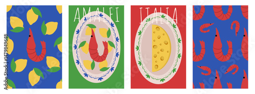 Food. Italy. Bon appetit poster cover template design. Vector illustration of shrimp cheese lemons on plate and italian seamless Trellis set. EPS 10