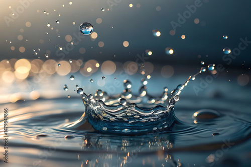 Crystal clear water splash forming a crown shape with blue tones and soft bokeh background in high-speed macro
