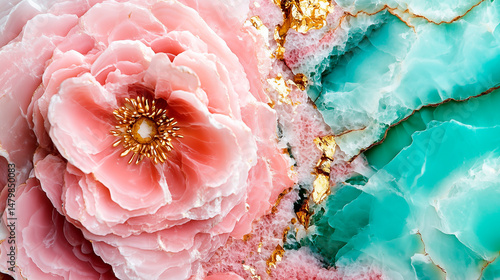 Close-Up of Intricate Rose Made from Pink and Turquoise Agate with Gold Leaf Accents on Textured Marble.Detailed close-up of a luxurious rose crafted from pink and turquoise agate gemstones with gold 