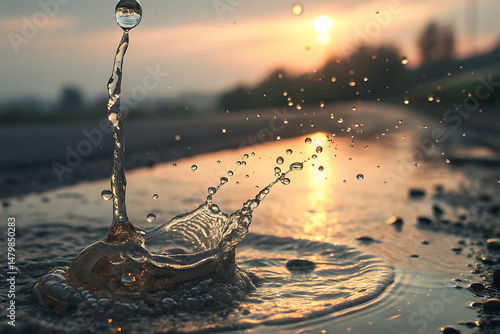 High-speed photo of water splash in a puddle on asphalt at sunset with golden light and shallow depth of field
