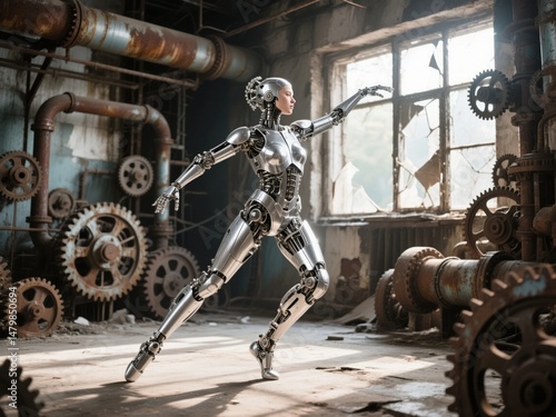 A humanoid robot in an industrial setting with gears and pipes