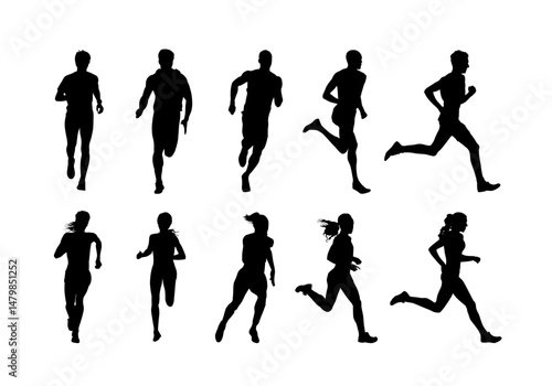 Run, running men and women, group of isolated vector silhouettes. Track and field athletes