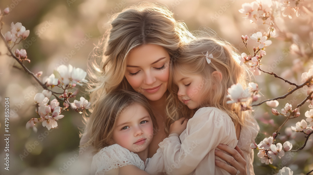 Obraz premium a mom hugging her kid outdoors with soft pastel clothing and spring flowers in the background