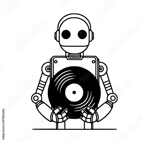 Humanoid robot holding vinyl record in minimalist line art style  