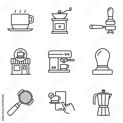 Set of coffee-related outline icons including machines and cups