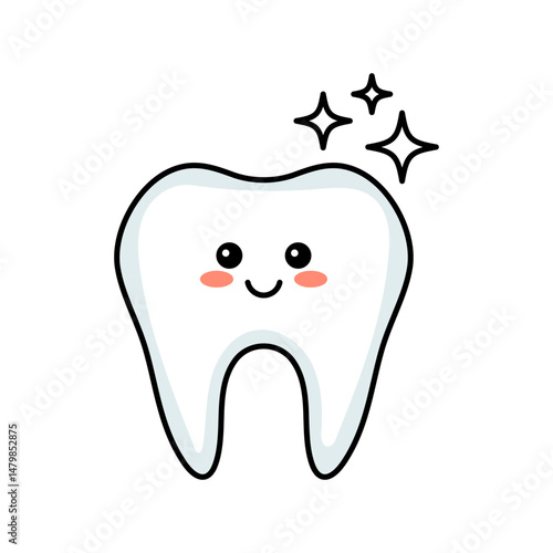 Cartoon white tooth character with happy face and clean shine.