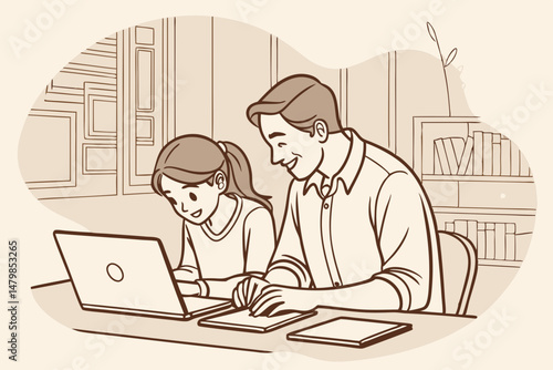 Sketch style doodle of Happy young parent father helping teenage child daughter distance learning online together at home