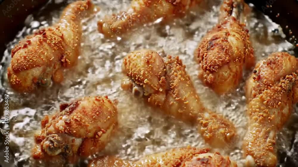 Crispy Fried Chicken Drumsticks in Hot Oil, The video showcases crispy fried chicken sizzling in hot oil, vedio