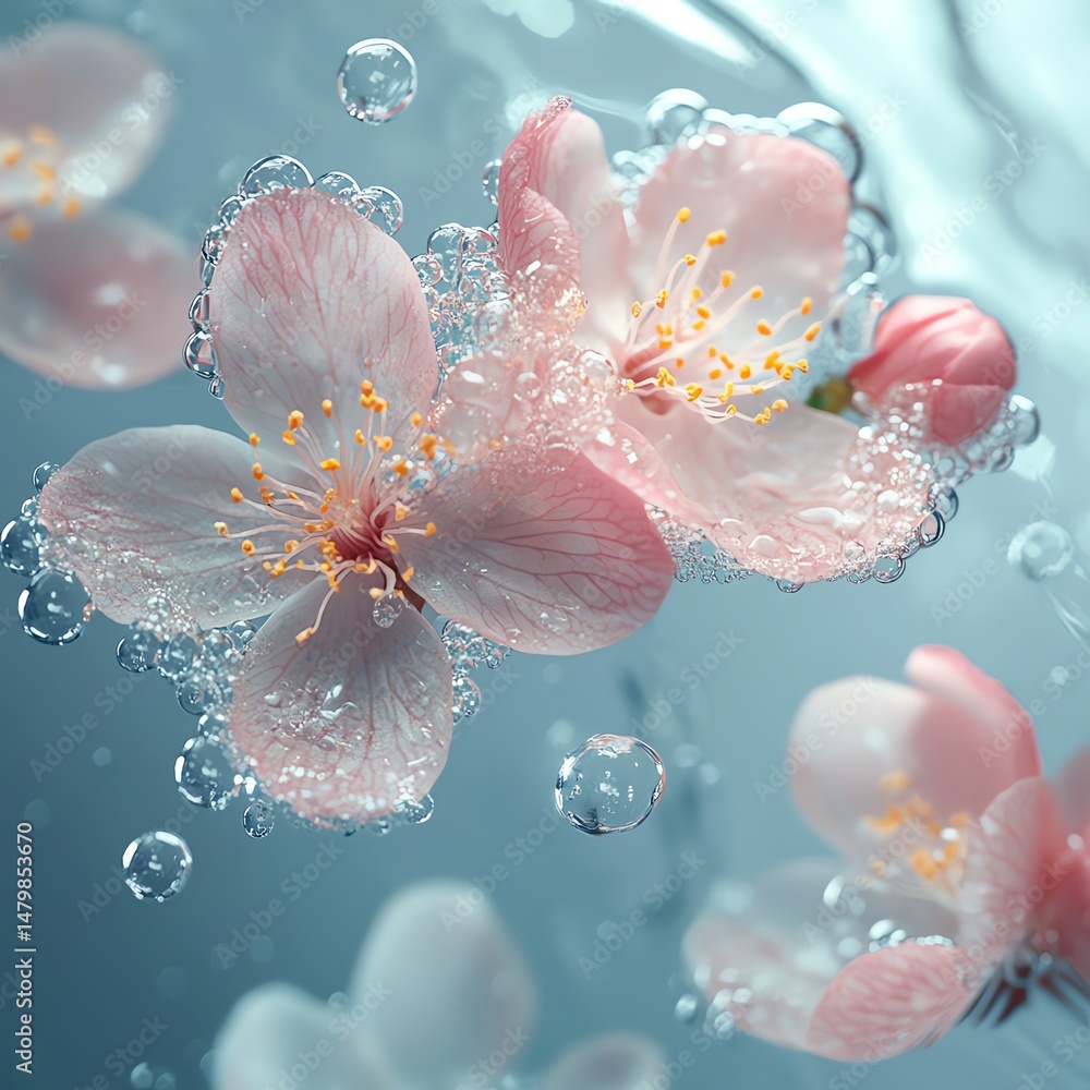 Floating Pink Flowers and Bubbles in Water high resolution for isolate image