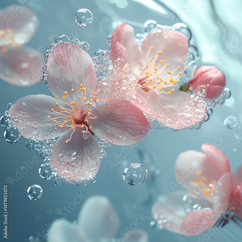 Obraz na płótnie Floating Pink Flowers and Bubbles in Water high resolution for isolate image w salonie