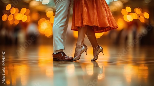 Ballroom dancers embrace, elegant shoes, golden lights, romantic event