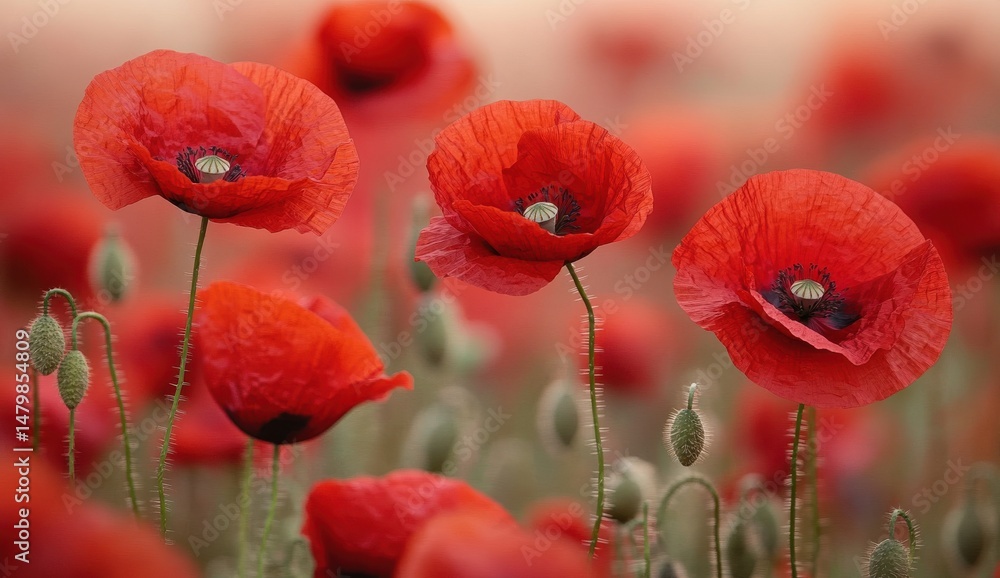 Obraz premium Vibrant Red Poppies in a Field Close up View