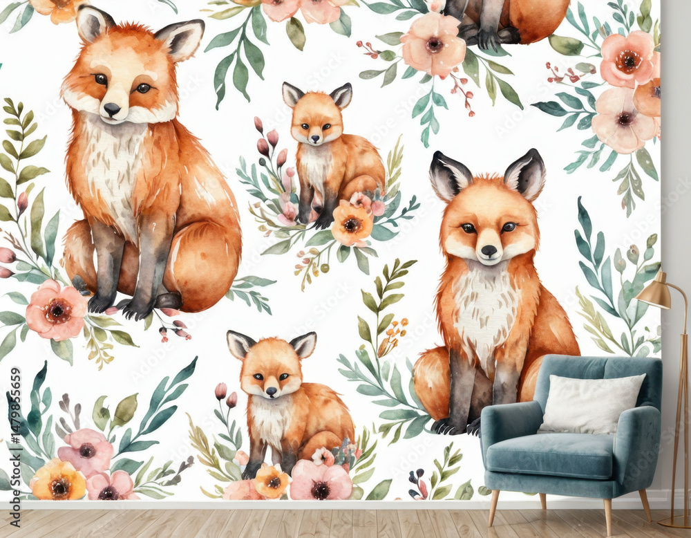 Obraz premium A beautiful wall mural featuring foxes and flowers in a cozy living room setting