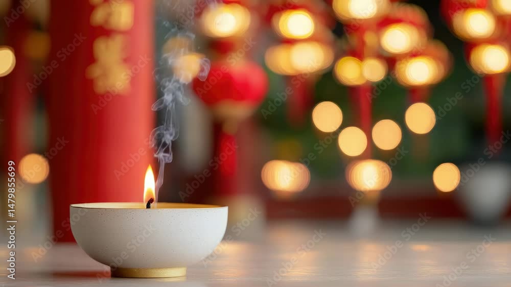 Serene Candle with Smoke and Lanterns in a Warm Atmosphere Serene Candle with Smoke and Lanterns in a Warm Atmosphere