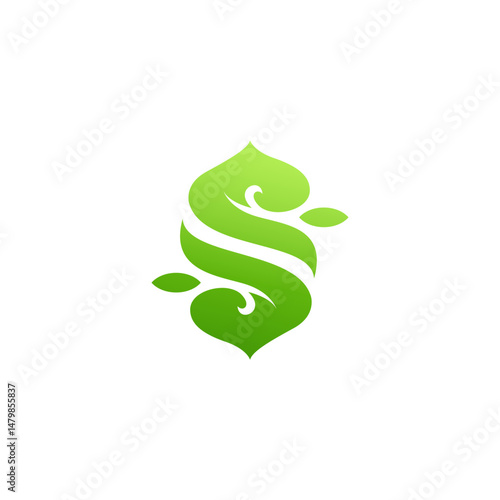 Abstract letter S with dynamic leaf shape, fresh green color.