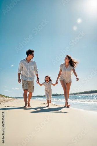 Young asian family walking along a beach enjoying a family day out on a vibrant blue sky day