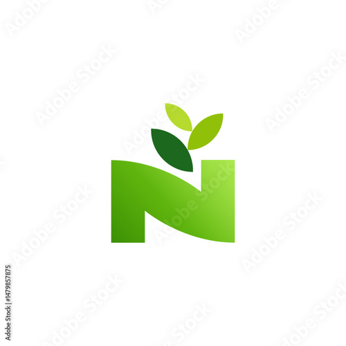 Letter N with cut growing leaves, for modern business logo, icon, symbol with fresh green colors