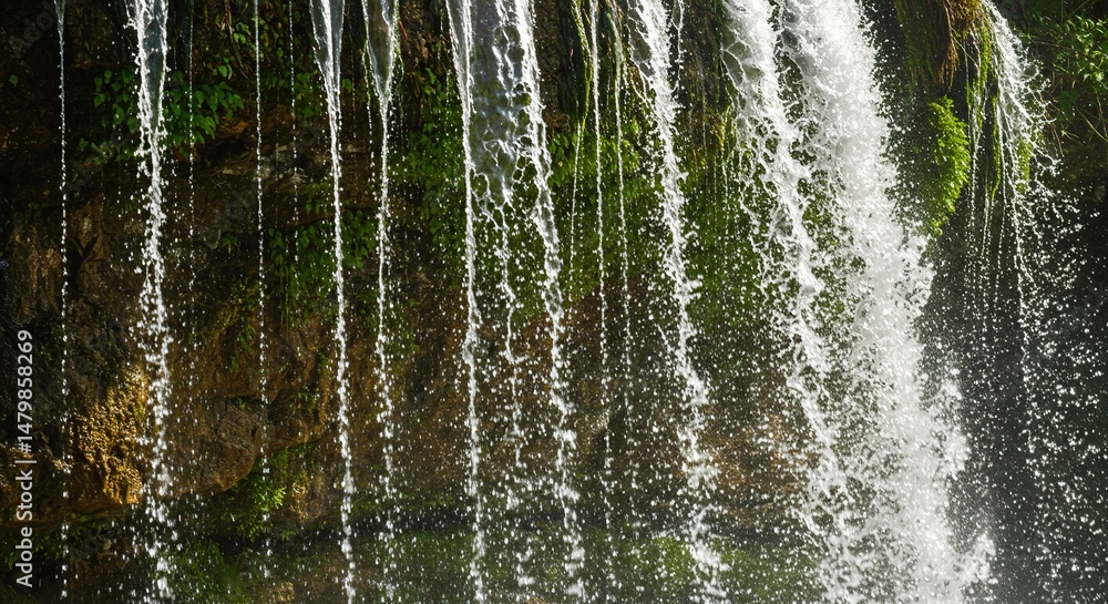 Captivating water streams cascade down a mossy cliffside glistening in sunlight Captivating water streams cascade down a mossy cliffside glistening in sunlight