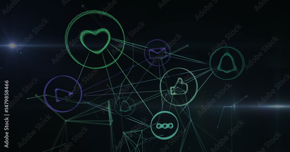 Image of network of connections with social media icons on black background Image of network of connections with social media icons on black background