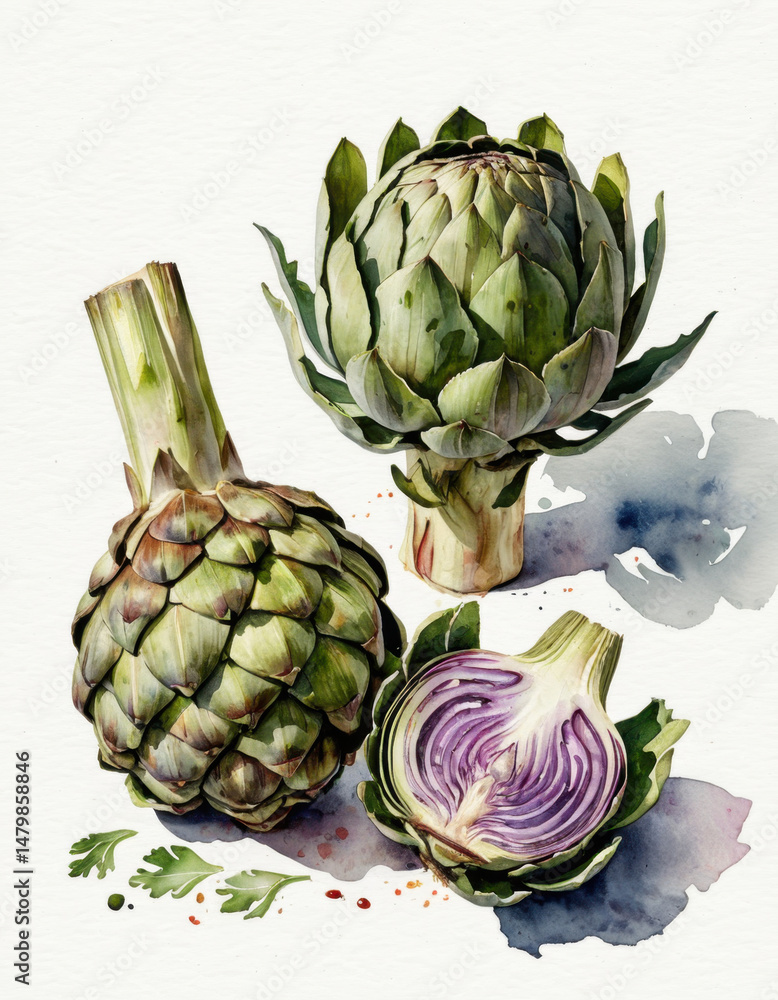 Obraz premium Watercolor illustration of artichokes on a white background, perfect for recipes or food-related designs