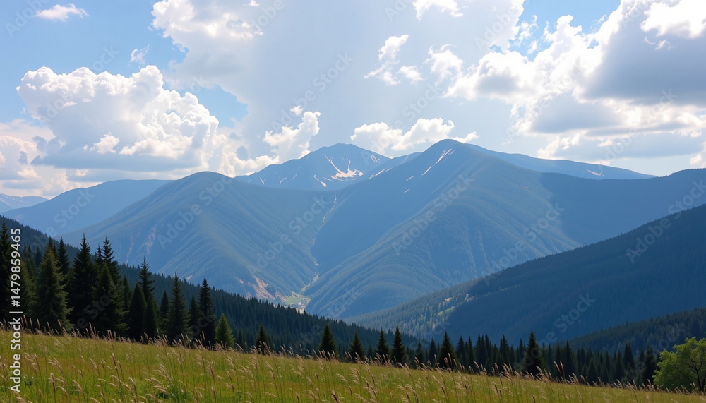 Obraz premium Majestic mountains rise under bright sky, surrounded by lush green forests and serene meadow. landscape evokes sense of peace and adventure