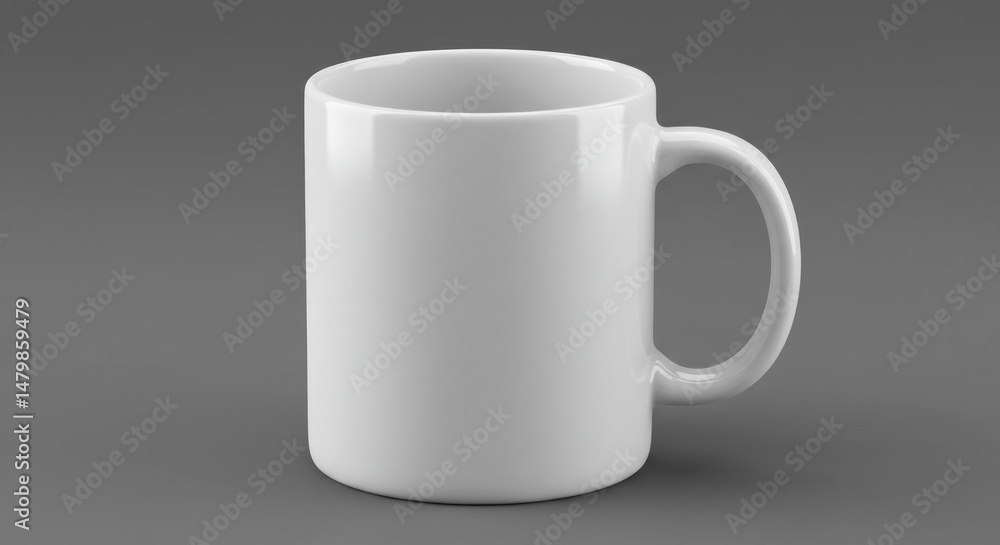 Studio shot of a classic white ceramic mug mockup on a grey backdrop