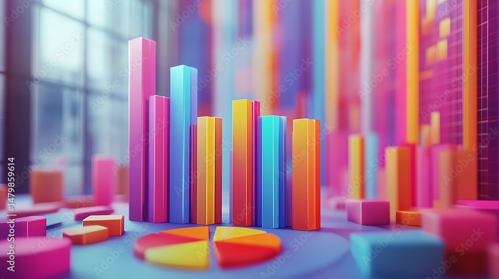 Colorful 3D charts and graphs on a digital interface, representing data analysis Colorful 3D charts and graphs on a digital interface, representing data analysis