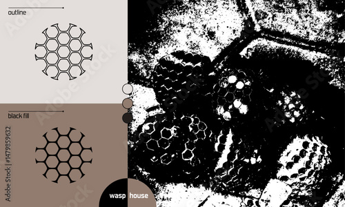Vector illustration of a wasp nest in hexagonal structure, featuring outline, black fill, and textured realistic style. Editable EPS for nature, insect, or danger warning designs.