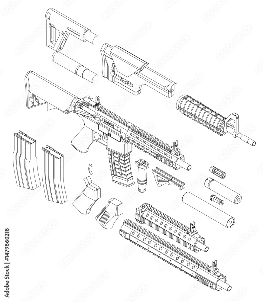 Obraz premium A close up of a gun with the barrel removed. The gun is a rifle with a magazine in the left side. Isometric view. 3D