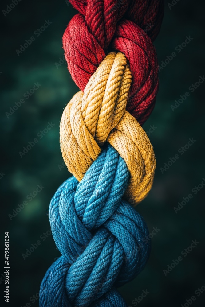 Close-up of Braided Colorful Rope with Red Yellow and Blue Strands Intertwined Together in Studio Shot with Dark Background Close-up of Braided Colorful Rope with Red Yellow and Blue Strands Intertwined Together in Studio Shot with Dark Background