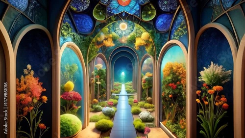 Enchanting Fantasy Garden Path A Magical Walk Through a Celestial Greenhouse with Vibrant Flowers