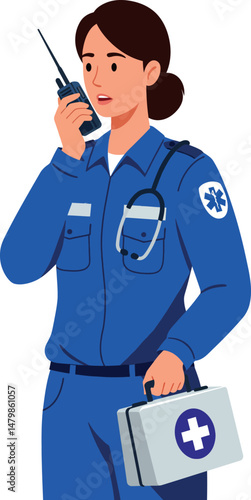 Female Paramedic Communicating on Radio with First Aid Kit and Medical Uniform Vector Illustration 