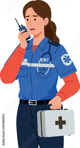 Emergency medical technician woman in uniform holding radio and first aid kit vector illustration 