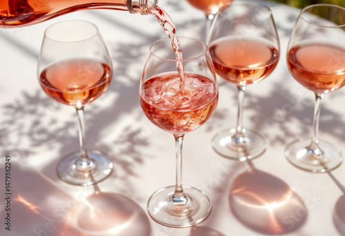 Rosé wine being poured into elegant glasses on white table with floral shadows, symbolizing summer rose harvest