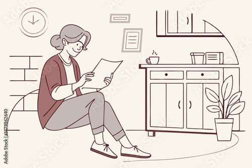Sketch style doodle of Middle aged older woman housewife reading paper letter or bill sitting in kitchen at home office