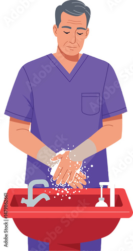 Man in purple scrubs washing hands thoroughly at sink vector illustration 