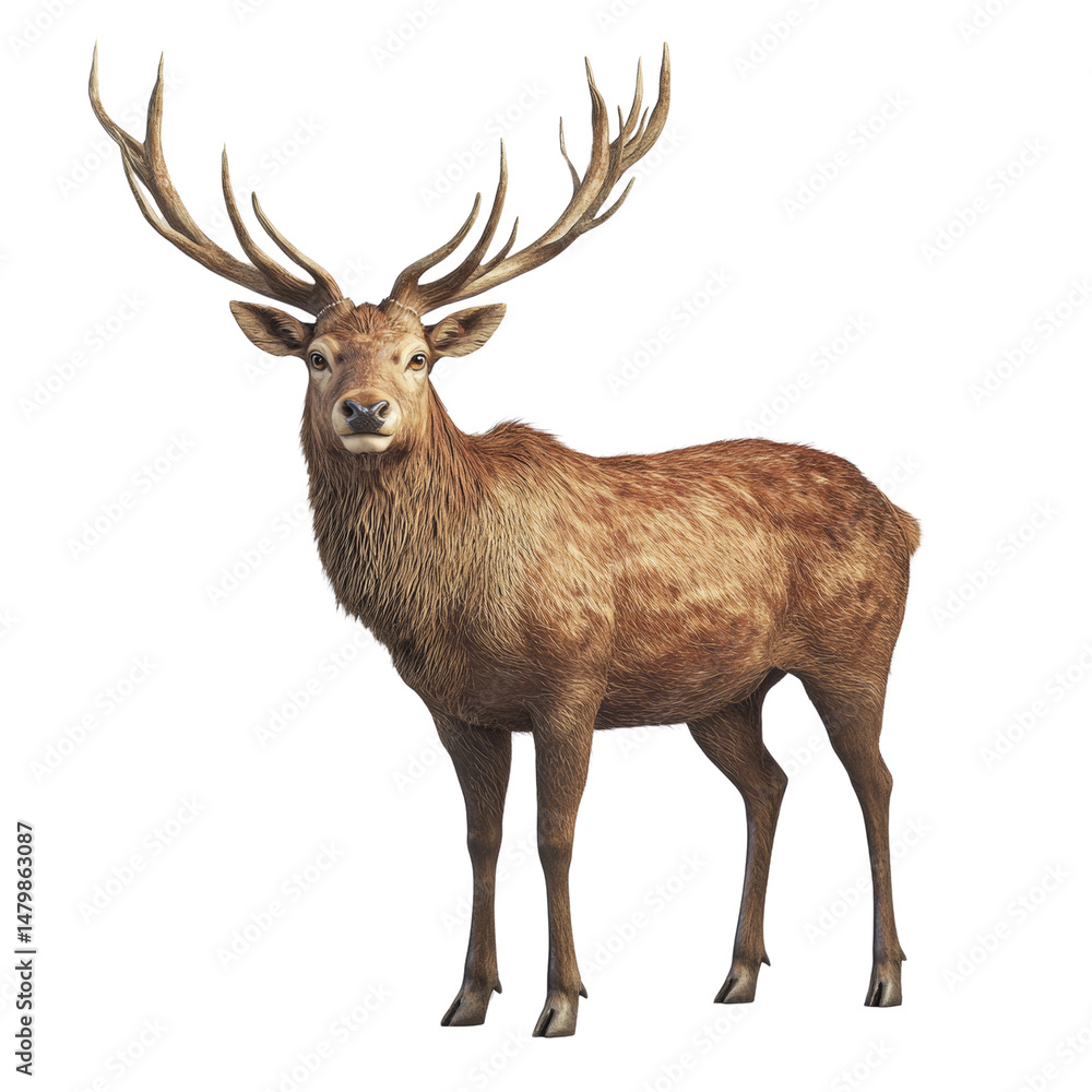Fototapeta premium Majestic red deer standing tall with impressive antlers on white backdrop