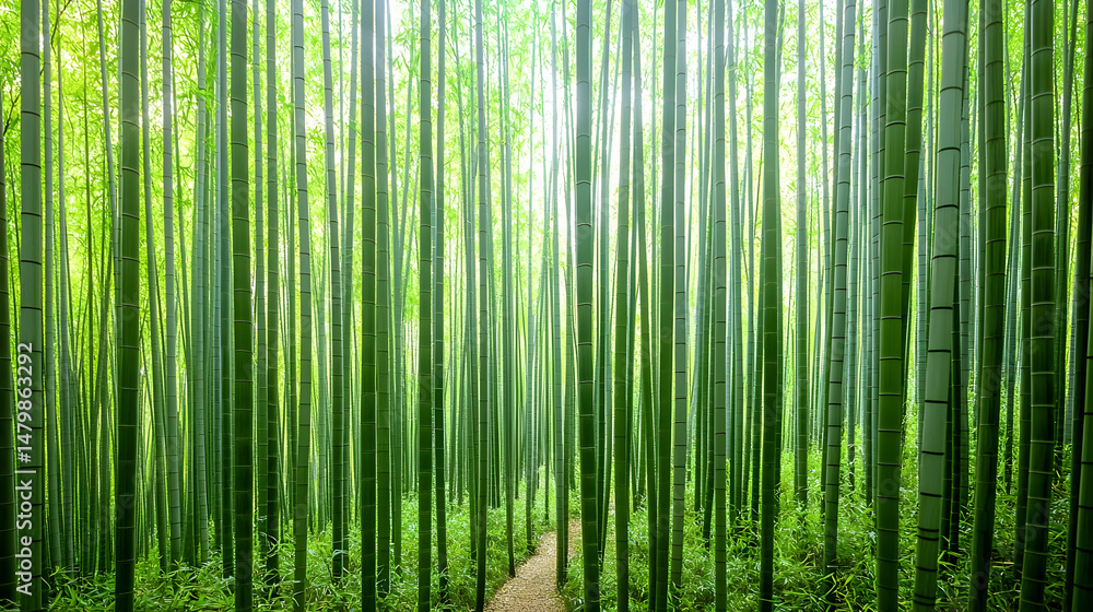 Fototapeta premium Dense Bamboo Forest Pathway With Sunlight