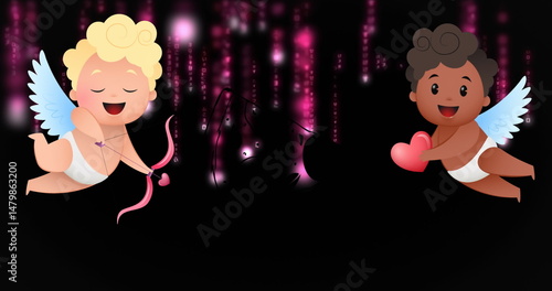 Image of cupid icons over light spots on black background
