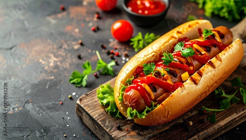 hot dog with mustard and simple garnish at side