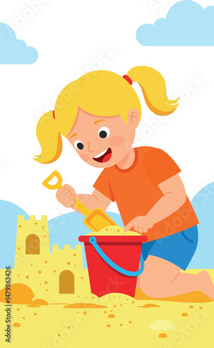 Girl building sandcastle on beach with red bucket and yellow shovel in summer sun 