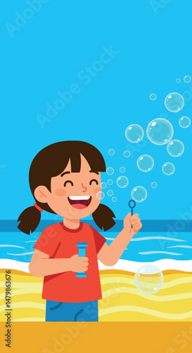 Child blowing bubbles at beach with blue sky and ocean background vector illustration 