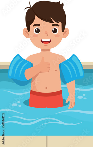 Boy Swimming in Pool with Blue Arm Floaties Enjoying Water Activity Summer Fun 