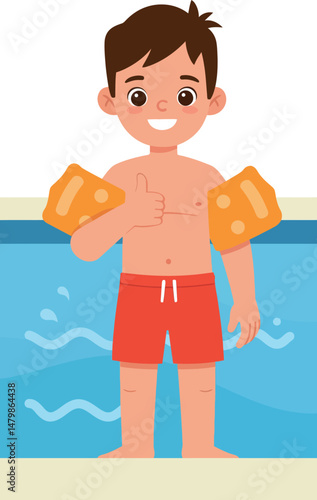 Boy with orange arm floaties swimming pool summer fun child safety illustration 